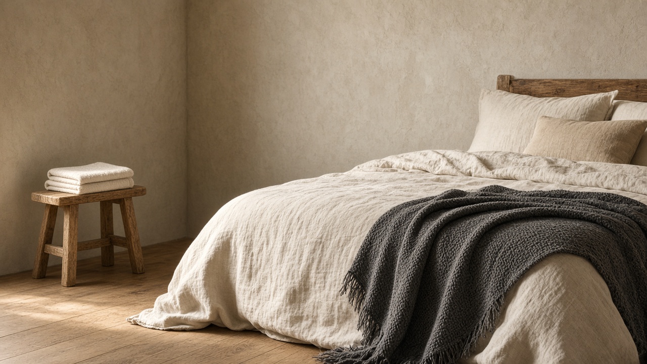 Quiet bedroom with linen bedding, a cream towel and a charcoal throw