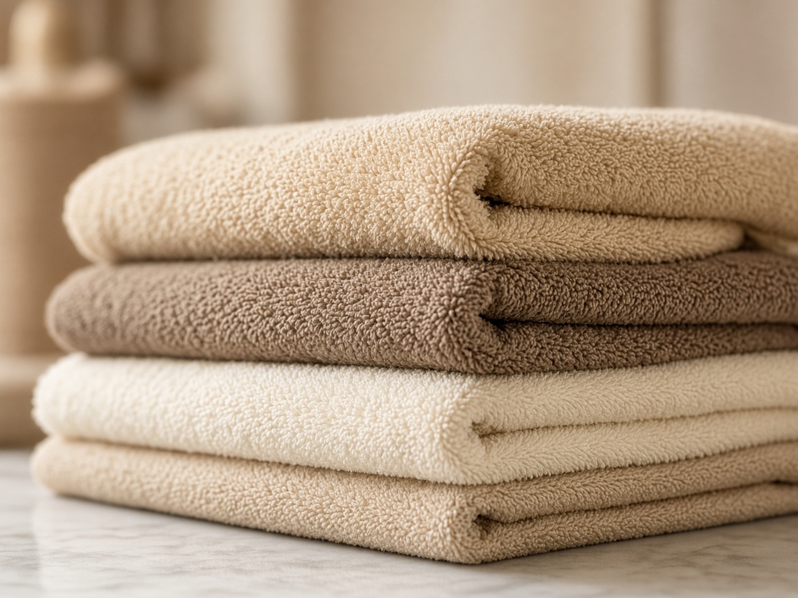 Stacked sand and cream bath towels